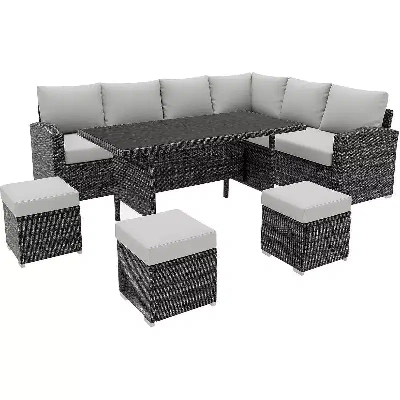 Acekool Ensemble de 7 meubles de patio d'extérieur avec rotin PE gris, coussins et table en verre pour porche, balcon et jardin.
