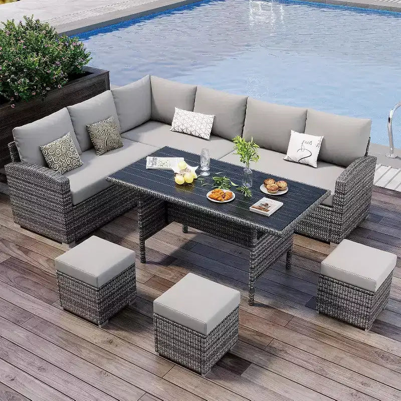 Acekool Ensemble de 7 meubles de patio d'extérieur avec rotin PE gris, coussins et table en verre pour porche, balcon et jardin.