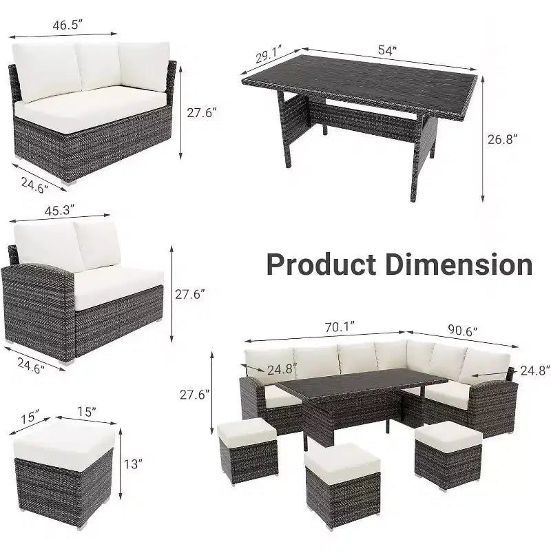 Acekool Ensemble de 7 meubles de patio d'extérieur avec rotin PE gris, coussins et table en verre pour porche, balcon et jardin.