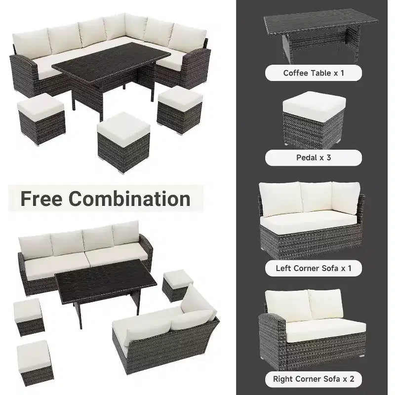 Acekool Ensemble de 7 meubles de patio d'extérieur avec rotin PE gris, coussins et table en verre pour porche, balcon et jardin.
