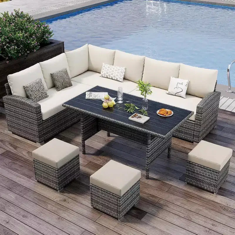 Acekool Ensemble de 7 meubles de patio d'extérieur avec rotin PE gris, coussins et table en verre pour porche, balcon et jardin.