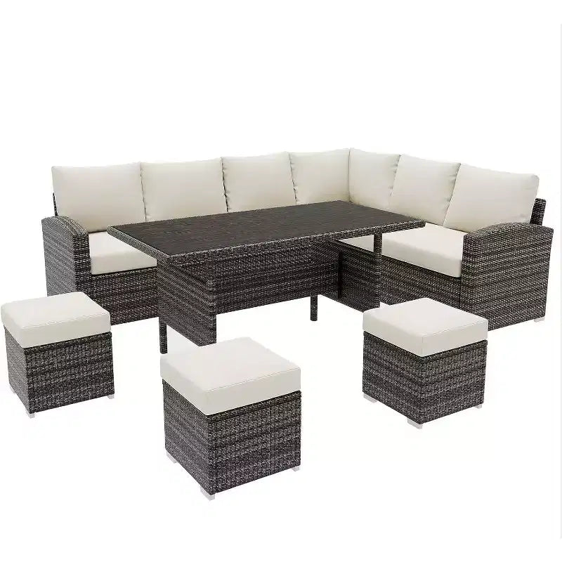 Acekool Ensemble de 7 meubles de patio d'extérieur avec rotin PE gris, coussins et table en verre pour porche, balcon et jardin.