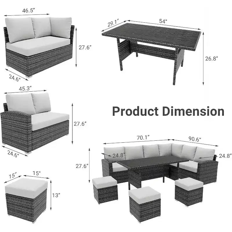Acekool Ensemble de 7 meubles de patio d'extérieur avec rotin PE gris, coussins et table en verre pour porche, balcon et jardin.