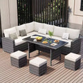 Acekool 7-Piece Outdoor Patio Furniture Set with Grey PE Rattan, Cushions & Glass Table for Porch, Balcony & Backyard