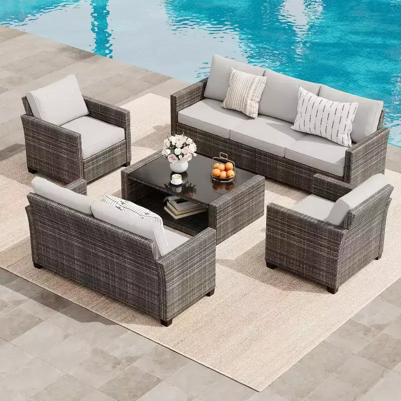 Ensemble de mobilier de jardin en osier pour terrasse, table à plateau en verre avec rangement dissimulé, comprend 7 éléments d'assise, rotin naturel avec coussins