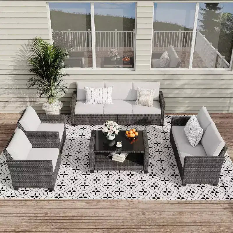 Ensemble de mobilier de jardin en osier pour terrasse, table à plateau en verre avec rangement dissimulé, comprend 7 éléments d'assise, rotin naturel avec coussins
