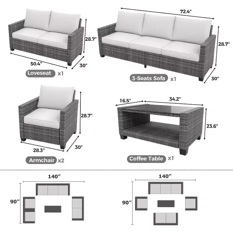 Ensemble de mobilier de jardin en osier pour terrasse, table à plateau en verre avec rangement dissimulé, comprend 7 éléments d'assise, rotin naturel avec coussins