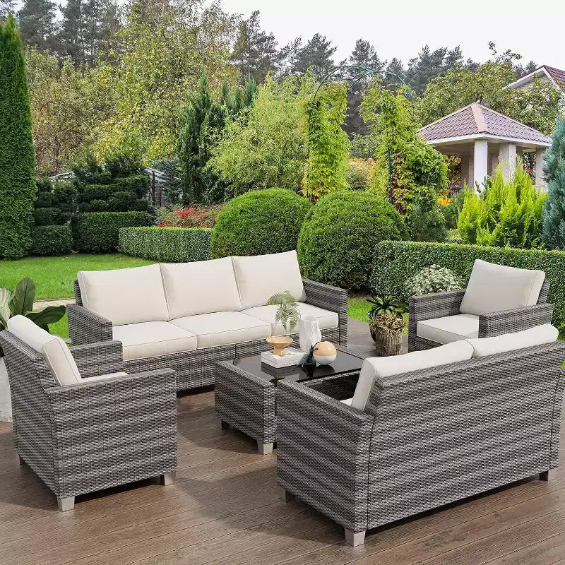 Ensemble de mobilier de jardin en osier pour terrasse, table à plateau en verre avec rangement dissimulé, comprend 7 éléments d'assise, rotin naturel avec coussins
