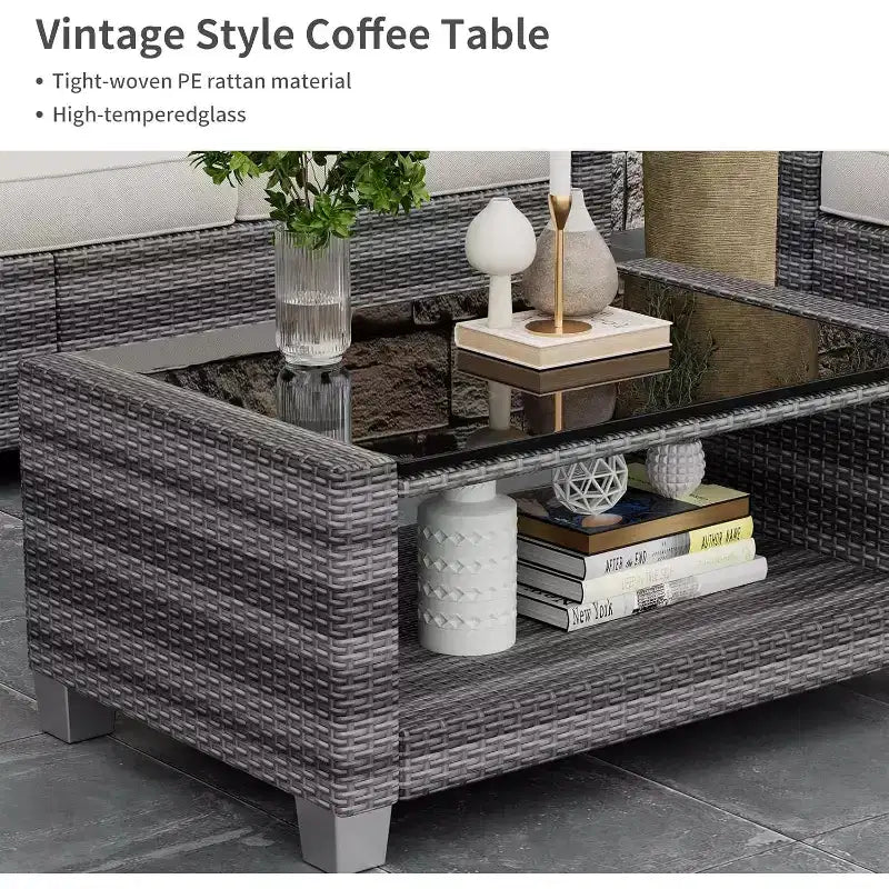 Ensemble de mobilier de jardin en osier pour terrasse, table à plateau en verre avec rangement dissimulé, comprend 7 éléments d'assise, rotin naturel avec coussins
