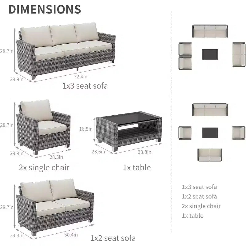 Ensemble de mobilier de jardin en osier pour terrasse, table à plateau en verre avec rangement dissimulé, comprend 7 éléments d'assise, rotin naturel avec coussins