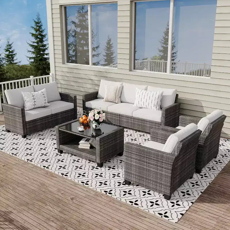 Ensemble de mobilier de jardin en osier pour terrasse, table à plateau en verre avec rangement dissimulé, comprend 7 éléments d'assise, rotin naturel avec coussins