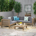 Christopher Knight Home Cynthia Patio Acacia Wood L Shape Upholstered 5-Seater Sectional Sofa Set with Coffee Table