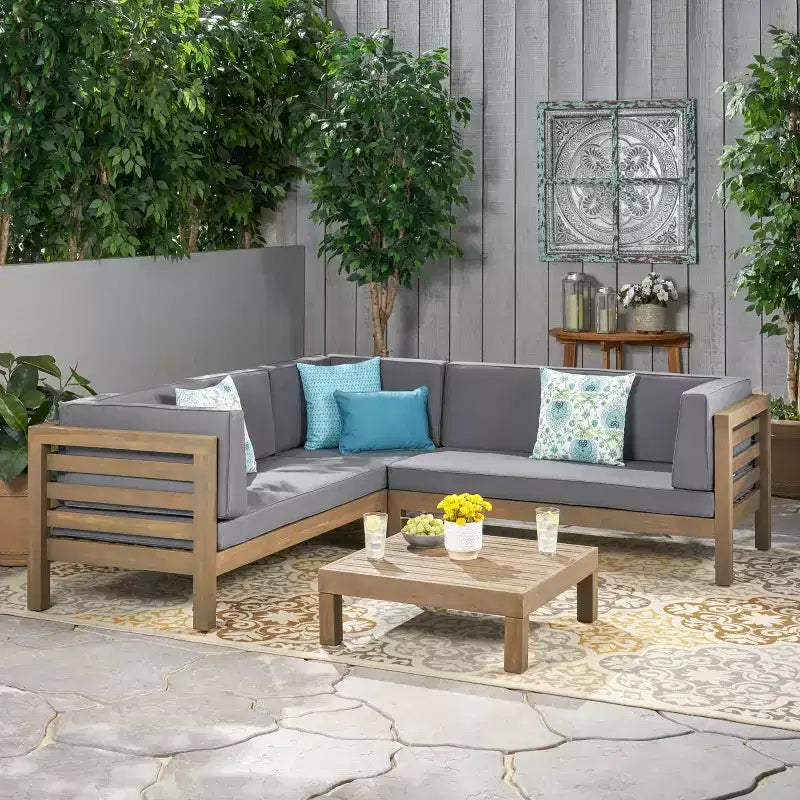Christopher Knight Home Cynthia Patio Acacia Wood L Shape Upholstered 5-Seater Sectional Sofa Set with Coffee Table
