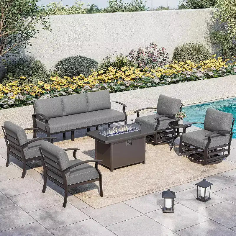 ALAULM Ensemble de mobilier de patio en aluminium 7 places, salons de conversation d'extérieur en métal modernes avec table brasero au propane de 45 pouces