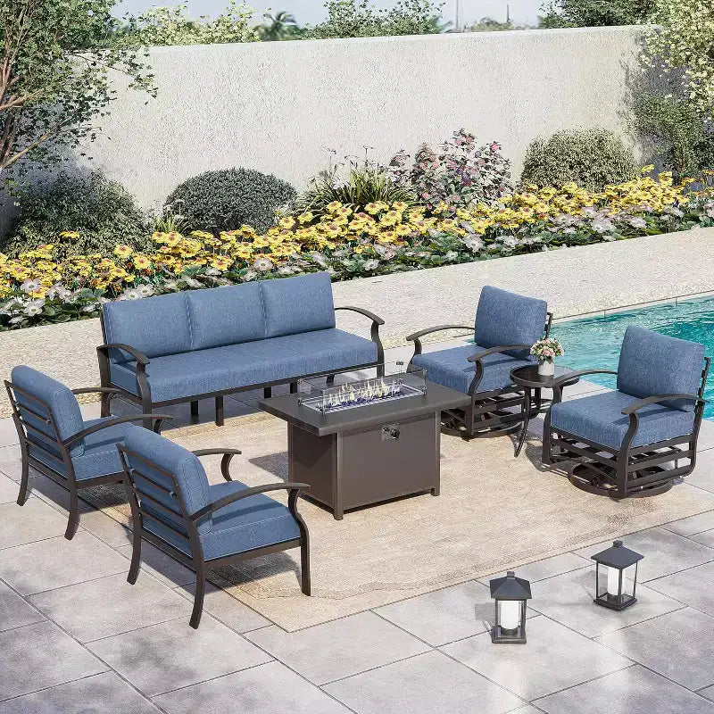 ALAULM Ensemble de mobilier de patio en aluminium 7 places, salons de conversation d'extérieur en métal modernes avec table brasero au propane de 45 pouces