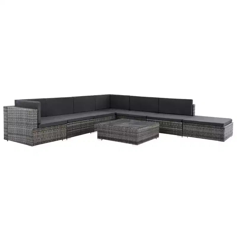 vidaXL Salon de jardin 8 pièces gris en résine tressée avec coussins, canapés d'angle et centraux, table basse et pouf - Mobilier de jardin intérieur/extérieur
