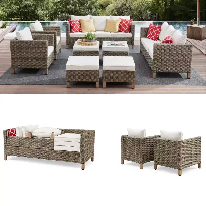 Ensembles de conversation de patio 8 pièces avec coussins et poufs