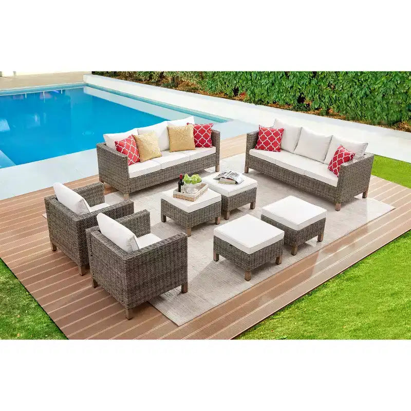 Ensembles de conversation de patio 8 pièces avec coussins et poufs