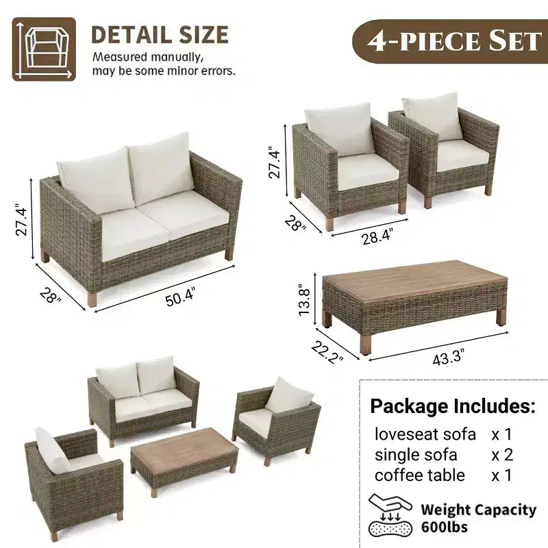 Salons de jardin 4 pièces avec coussins et table basse