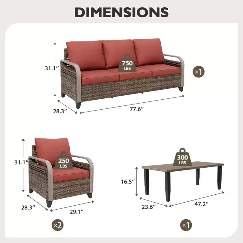 EAGLE PEAK Ensemble de conversation d'extérieur en osier, 2 chaises, causeuse 3 places et table basse, 4 pièces