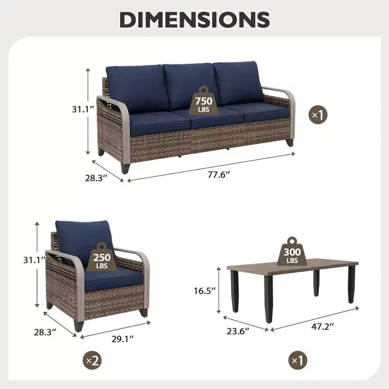 EAGLE PEAK Ensemble de conversation d'extérieur en osier, 2 chaises, causeuse 3 places et table basse, 4 pièces