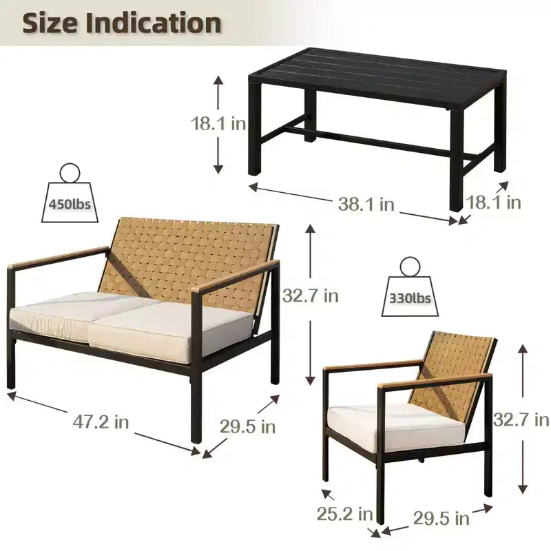 Ensemble de mobilier de patio en métal Bestier 4 pièces, ensembles de conversation de patio en rotin extérieur avec coussins doux pour jardin, cour, porche, bord de piscine