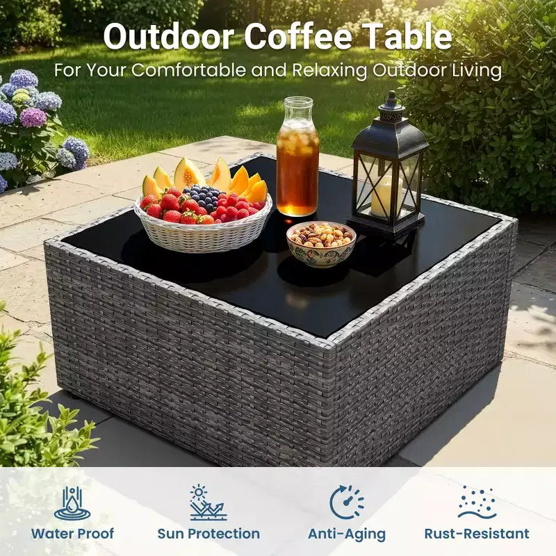 Salon de jardin 7 pièces en rotin, canapé modulaire d'extérieur avec coussins et table basse