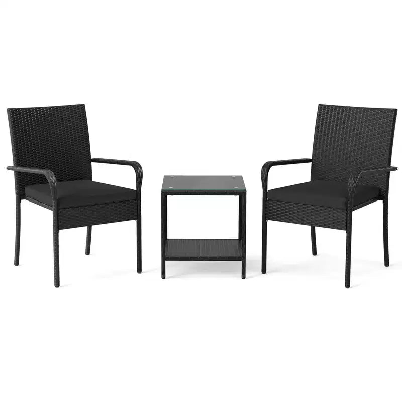 Ensemble de mobilier de jardin Costway 3 pièces avec table à 2 niveaux, plateau en verre trempé et coussins moelleux Blanc/Noir/Marron