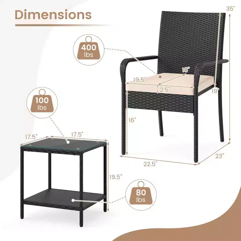 Ensemble de mobilier de jardin Costway 3 pièces avec table à 2 niveaux, plateau en verre trempé et coussins moelleux Blanc/Noir/Marron