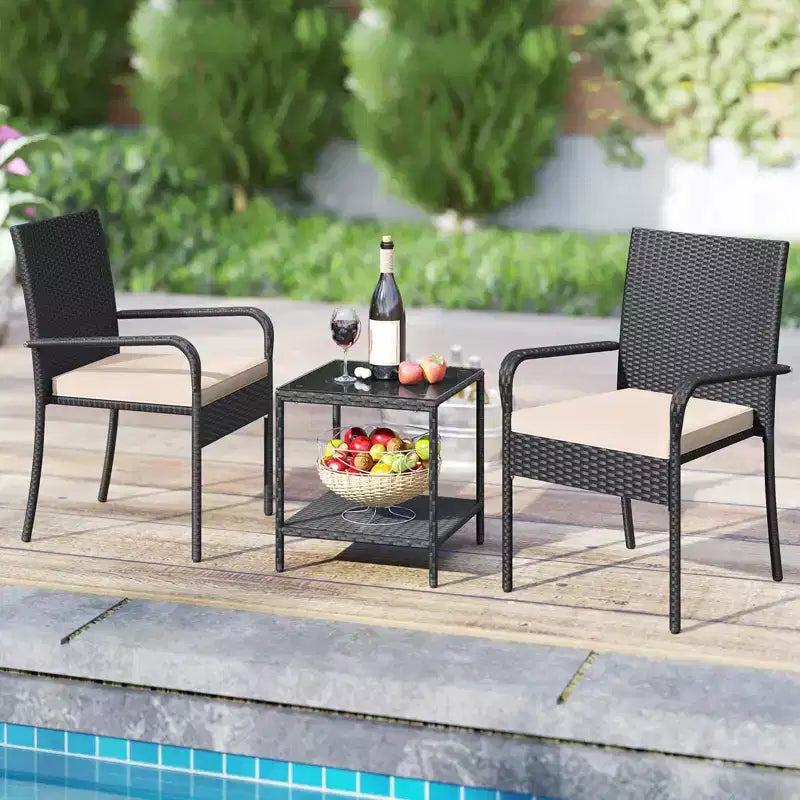 Ensemble de mobilier de jardin Costway 3 pièces avec table à 2 niveaux, plateau en verre trempé et coussins moelleux Blanc/Noir/Marron