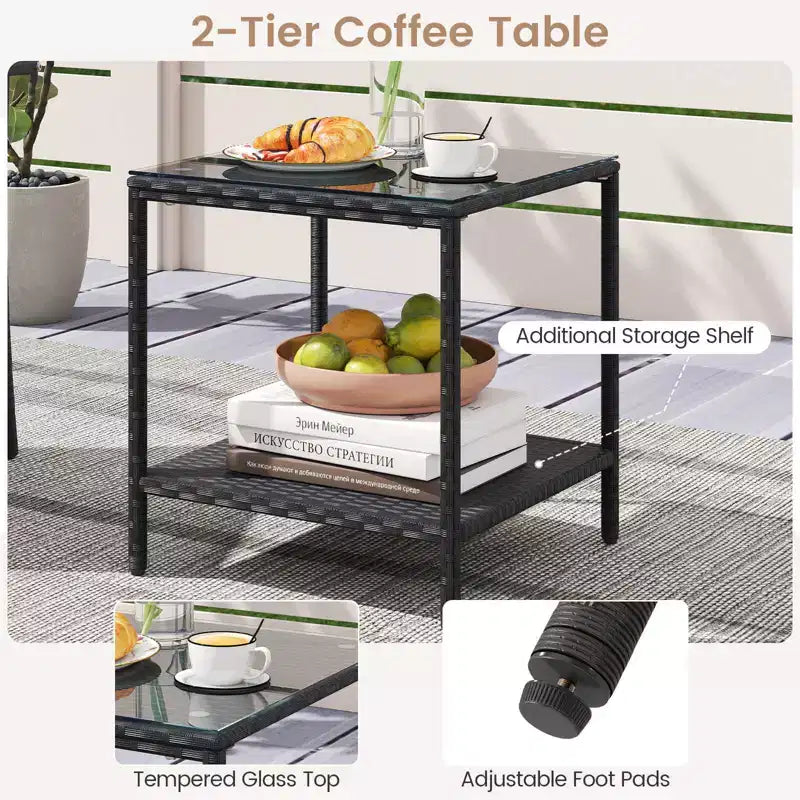 Ensemble de mobilier de jardin Costway 3 pièces avec table à 2 niveaux, plateau en verre trempé et coussins moelleux Blanc/Noir/Marron