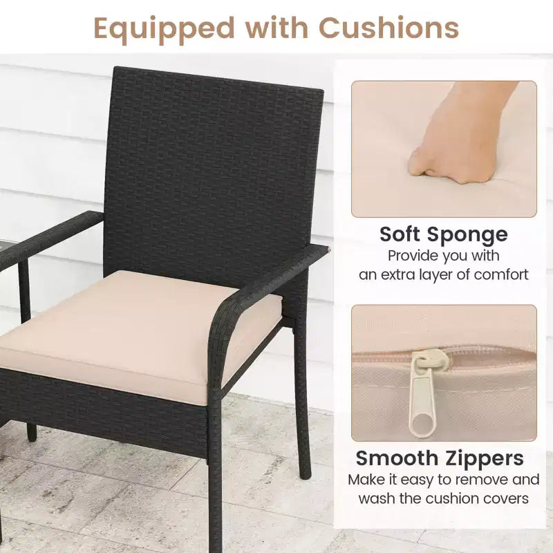 Ensemble de mobilier de jardin Costway 3 pièces avec table à 2 niveaux, plateau en verre trempé et coussins moelleux Blanc/Noir/Marron