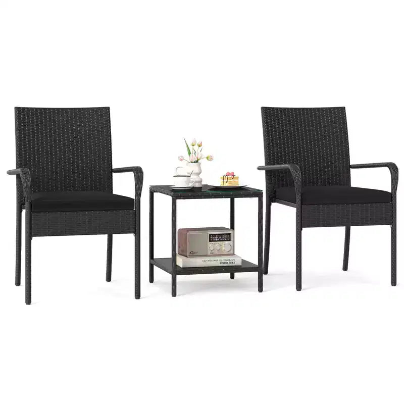 Ensemble de mobilier de jardin Costway 3 pièces avec table à 2 niveaux, plateau en verre trempé et coussins moelleux Blanc/Noir/Marron