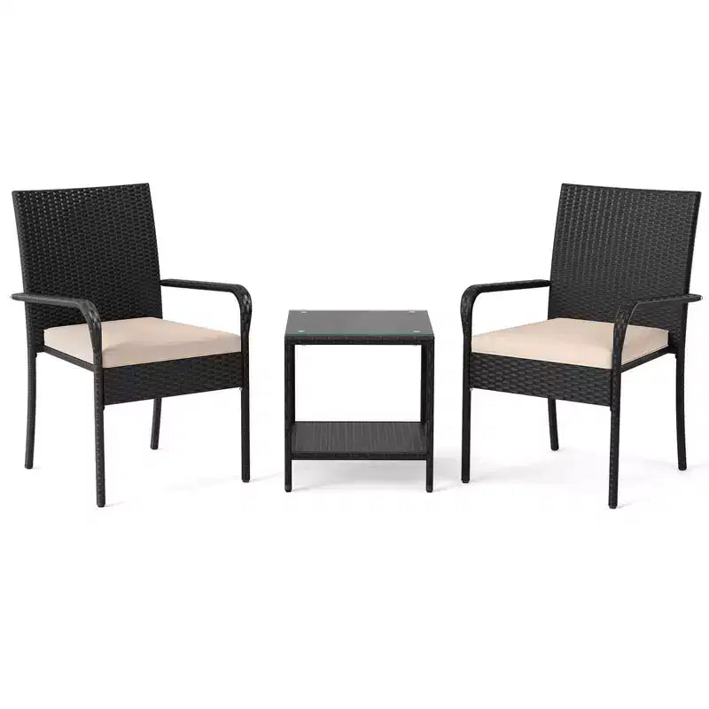 Ensemble de mobilier de jardin Costway 3 pièces avec table à 2 niveaux, plateau en verre trempé et coussins moelleux Blanc/Noir/Marron