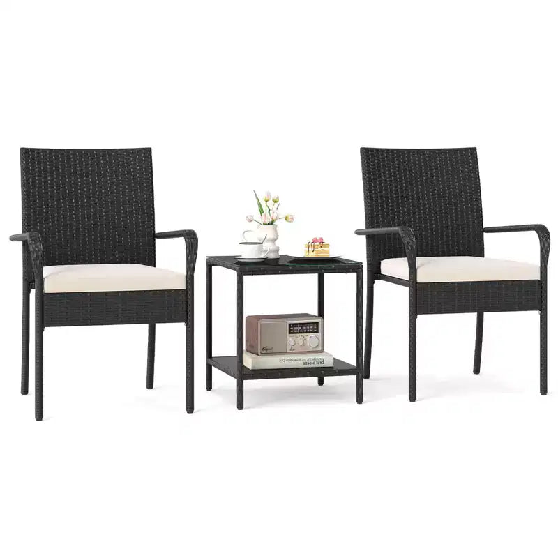 Ensemble de mobilier de jardin Costway 3 pièces avec table à 2 niveaux, plateau en verre trempé et coussins moelleux Blanc/Noir/Marron
