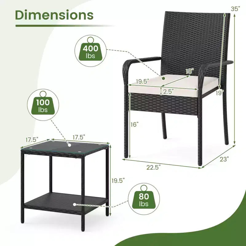 Ensemble de mobilier de jardin Costway 3 pièces avec table à 2 niveaux, plateau en verre trempé et coussins moelleux Blanc/Noir/Marron