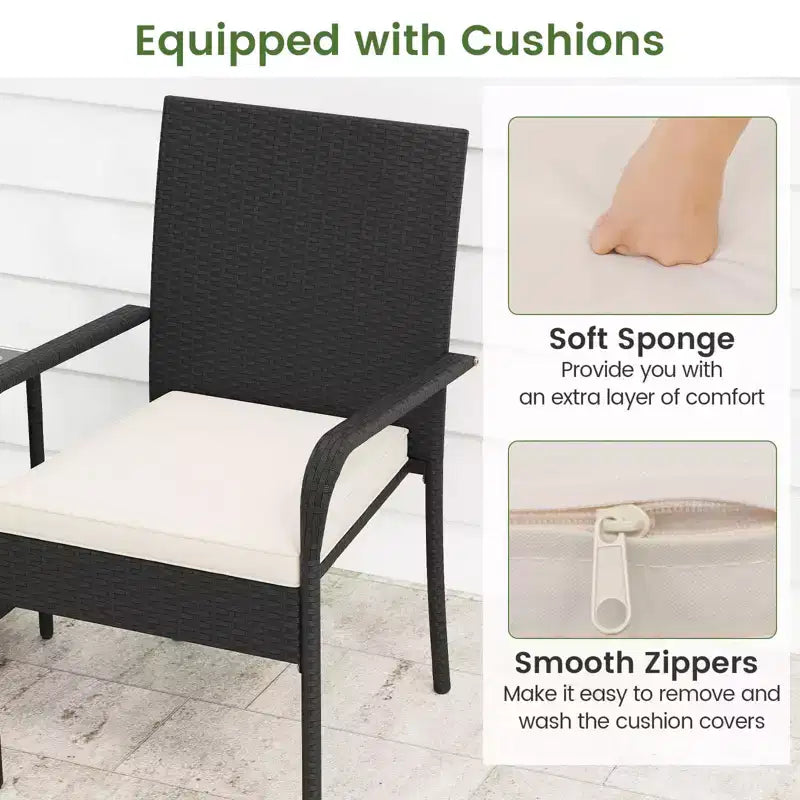 Ensemble de mobilier de jardin Costway 3 pièces avec table à 2 niveaux, plateau en verre trempé et coussins moelleux Blanc/Noir/Marron