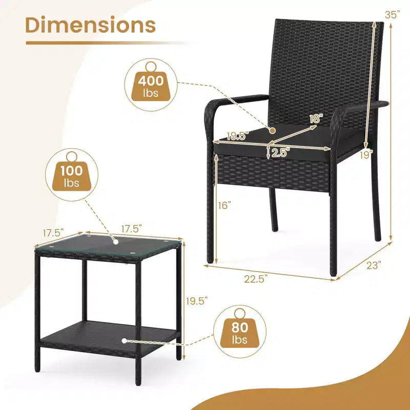 Ensemble de mobilier de jardin Costway 3 pièces avec table à 2 niveaux, plateau en verre trempé et coussins moelleux Blanc/Noir/Marron