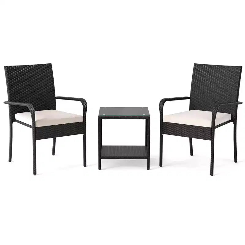 Ensemble de mobilier de jardin Costway 3 pièces avec table à 2 niveaux, plateau en verre trempé et coussins moelleux Blanc/Noir/Marron