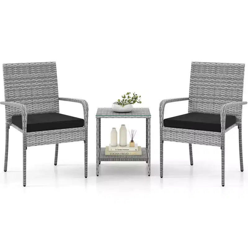 Ensemble de mobilier de jardin Costway 3 pièces avec table à 2 niveaux, plateau en verre trempé et coussins moelleux Blanc/Noir/Marron