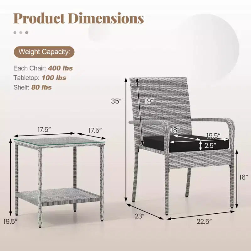 Ensemble de mobilier de jardin Costway 3 pièces avec table à 2 niveaux, plateau en verre trempé et coussins moelleux Blanc/Noir/Marron