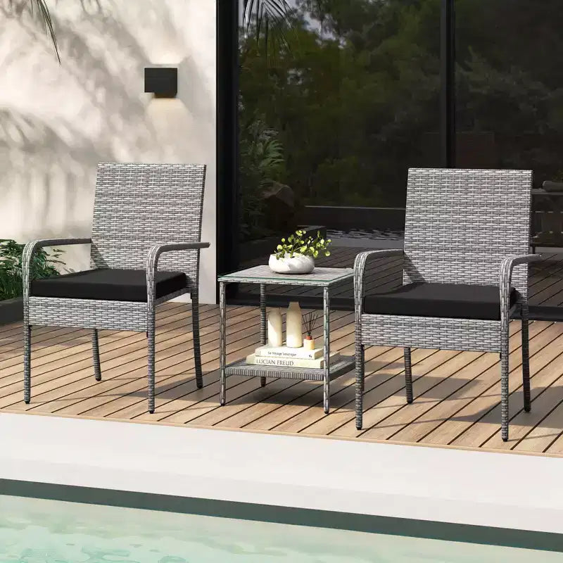 Ensemble de mobilier de jardin Costway 3 pièces avec table à 2 niveaux, plateau en verre trempé et coussins moelleux Blanc/Noir/Marron