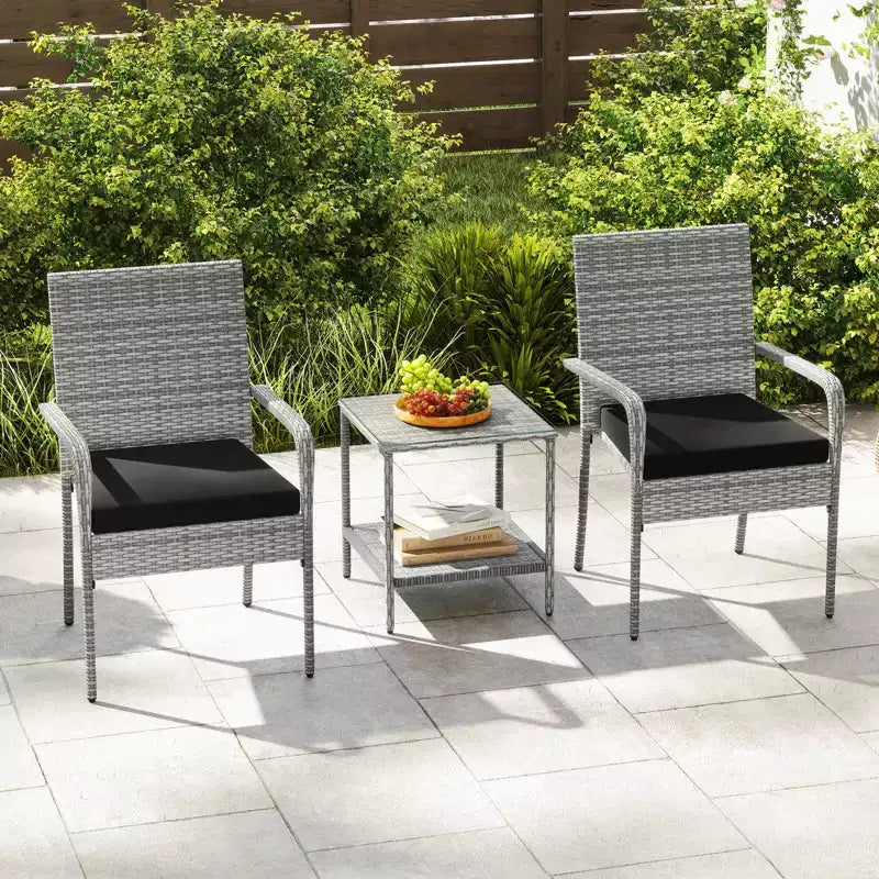 Ensemble de mobilier de jardin Costway 3 pièces avec table à 2 niveaux, plateau en verre trempé et coussins moelleux Blanc/Noir/Marron