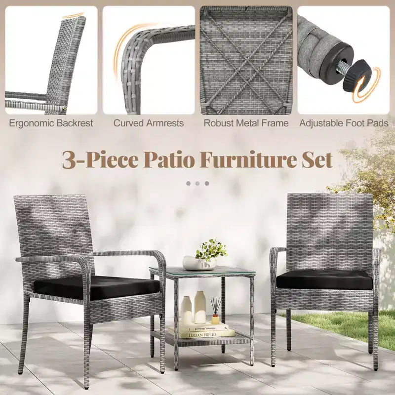 Ensemble de mobilier de jardin Costway 3 pièces avec table à 2 niveaux, plateau en verre trempé et coussins moelleux Blanc/Noir/Marron