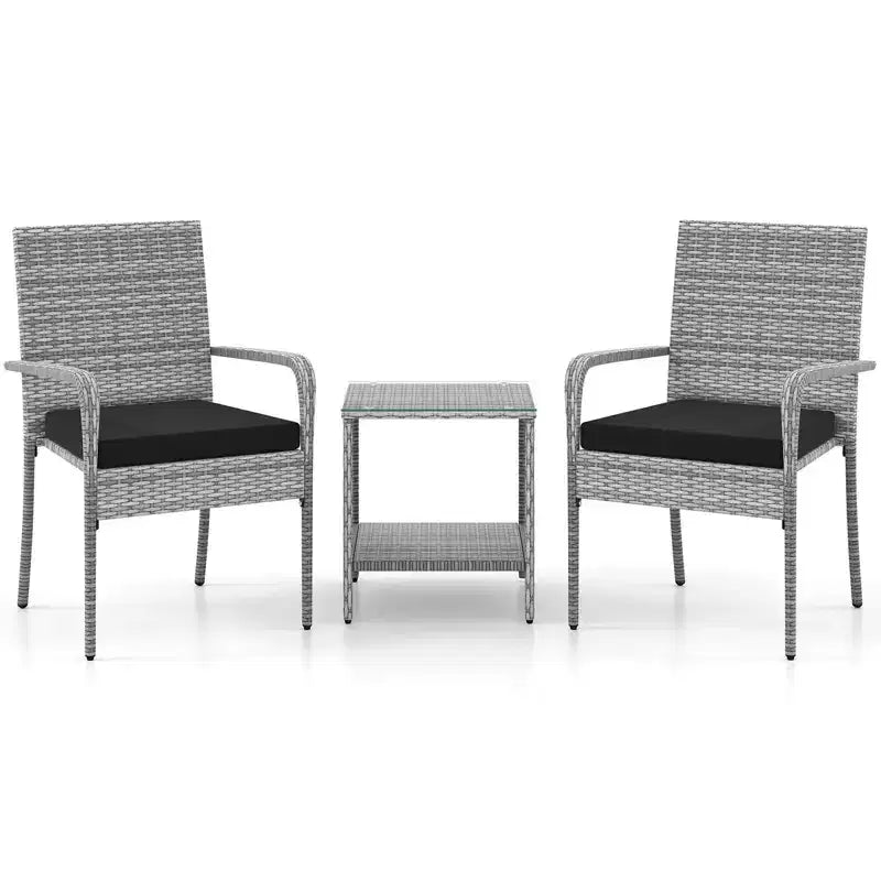 Ensemble de mobilier de jardin Costway 3 pièces avec table à 2 niveaux, plateau en verre trempé et coussins moelleux Blanc/Noir/Marron