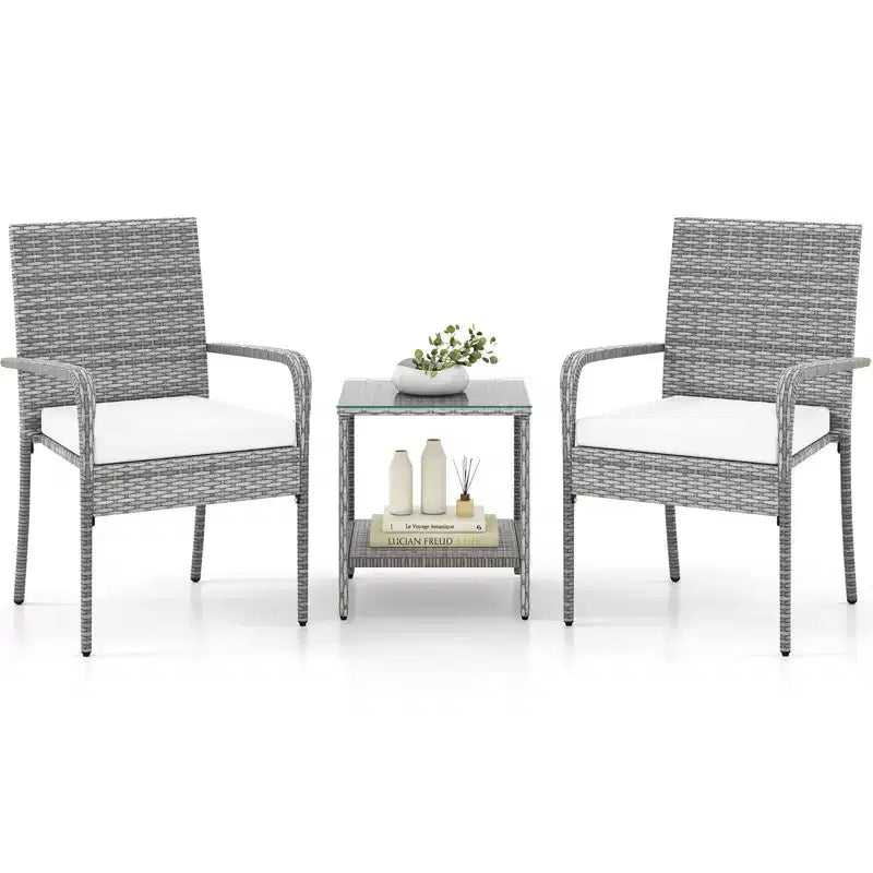 Ensemble de mobilier de jardin Costway 3 pièces avec table à 2 niveaux, plateau en verre trempé et coussins moelleux Blanc/Noir/Marron
