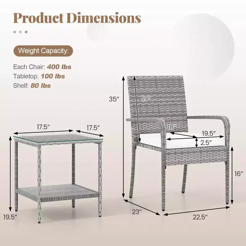 Ensemble de mobilier de jardin Costway 3 pièces avec table à 2 niveaux, plateau en verre trempé et coussins moelleux Blanc/Noir/Marron
