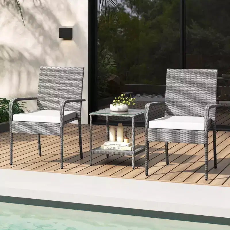 Ensemble de mobilier de jardin Costway 3 pièces avec table à 2 niveaux, plateau en verre trempé et coussins moelleux Blanc/Noir/Marron