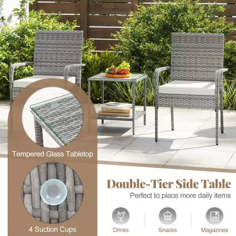 Ensemble de mobilier de jardin Costway 3 pièces avec table à 2 niveaux, plateau en verre trempé et coussins moelleux Blanc/Noir/Marron