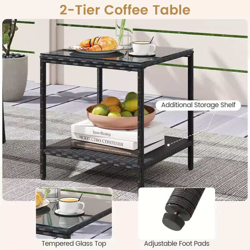 Ensemble de mobilier de jardin Costway 3 pièces avec table à 2 niveaux, plateau en verre trempé et coussins moelleux Blanc/Noir/Marron